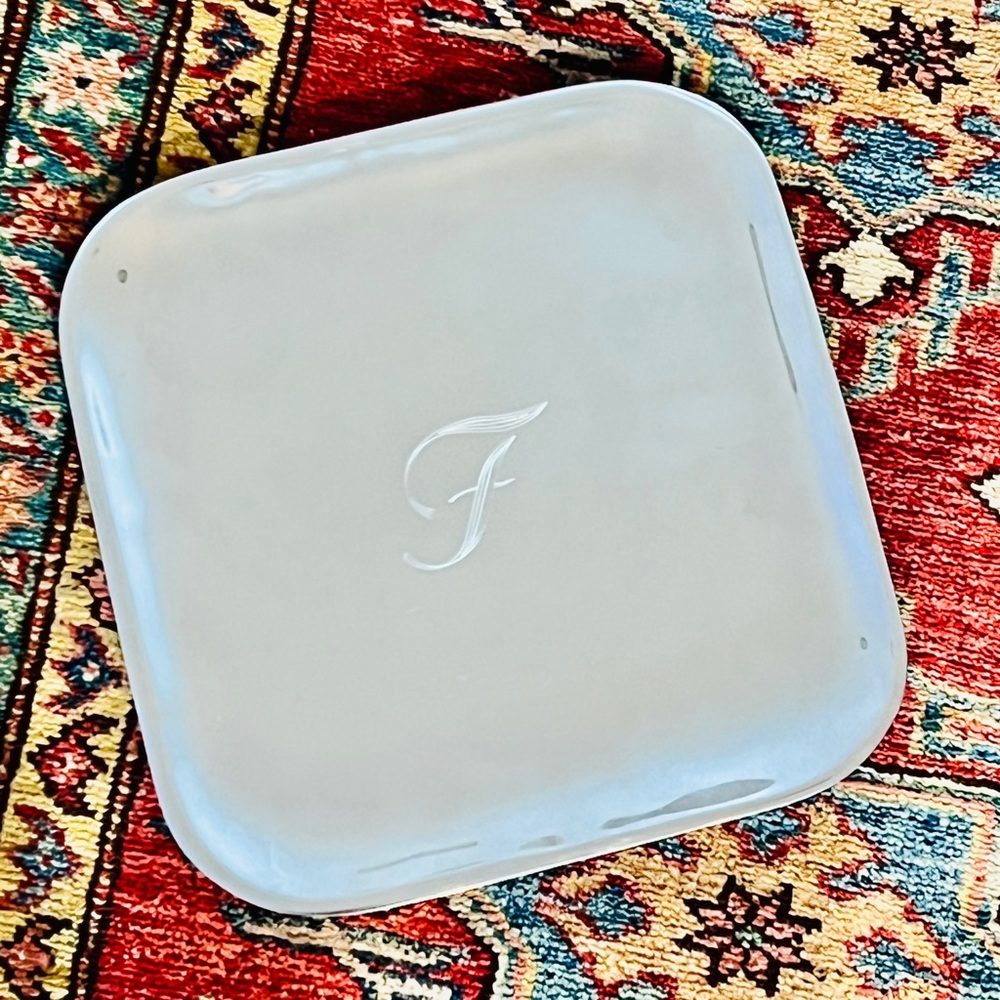 Nambe 10-inch square serving platter with F monogram